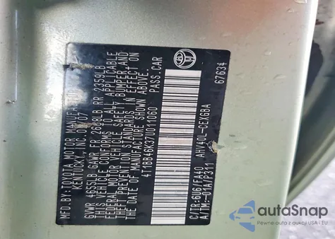 2007 Toyota Camry z USA, uszkodzony, nr VIN 4T1BB46K37U011060